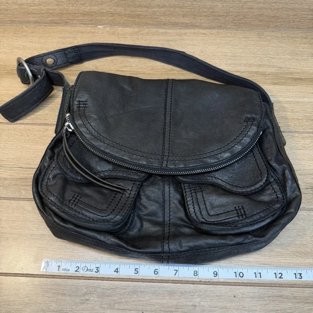 Lucky Brand Vintage Black Stash Fold Over Lamb Leather Purse Bag Lamb Leather